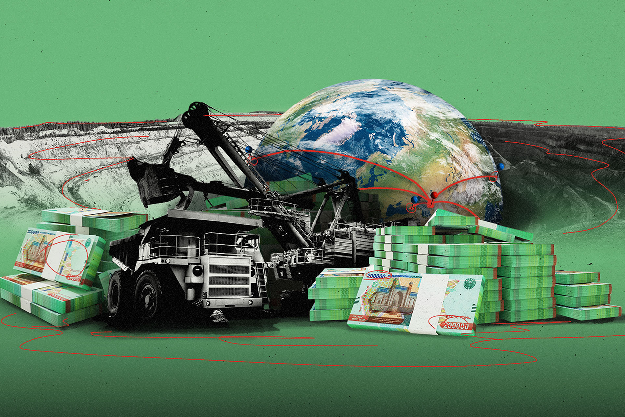Illustration of mining trucks, stacks of Uzbek currency, and a globe with red dotted lines tracing international routes